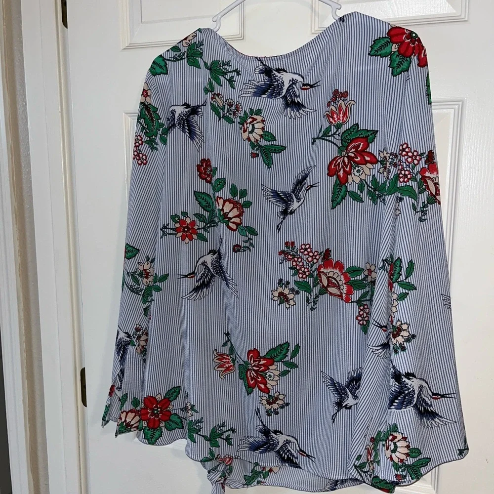 Floral Crane Striped Blouse Sz 2X - Picture 5 of 8